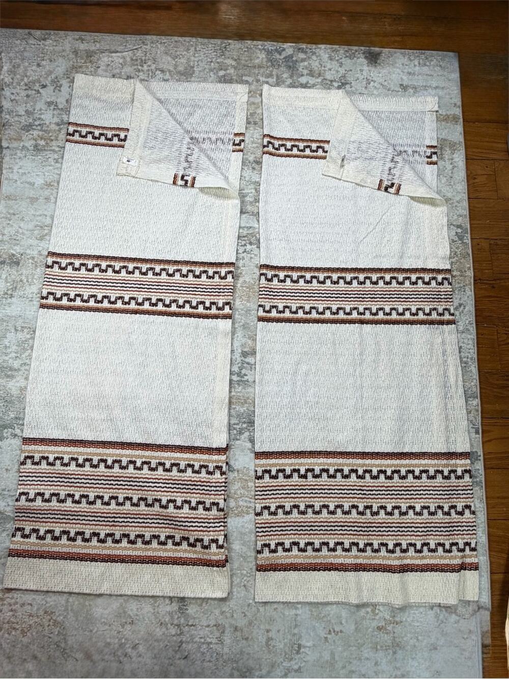 VTG 1970s Sears Woven Curtains Panels cream Brown Orange Tan 63” x 47”